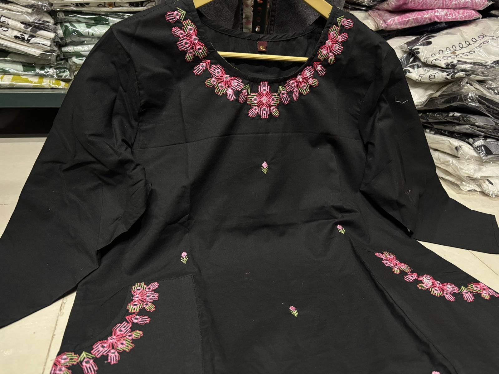 Black Cotton Coord Set with Embroidered Top and Pant